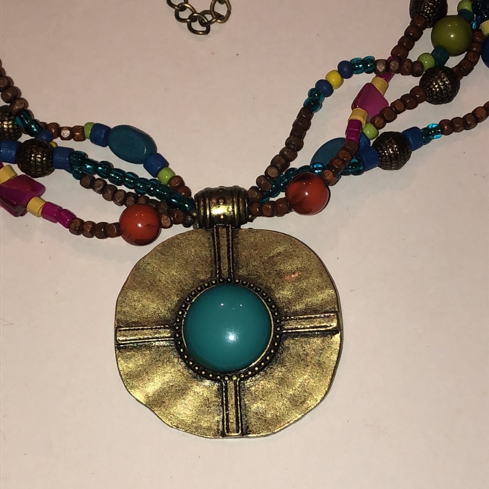 Multicolor Beaded Boho Statement Pendant Necklace - image 2